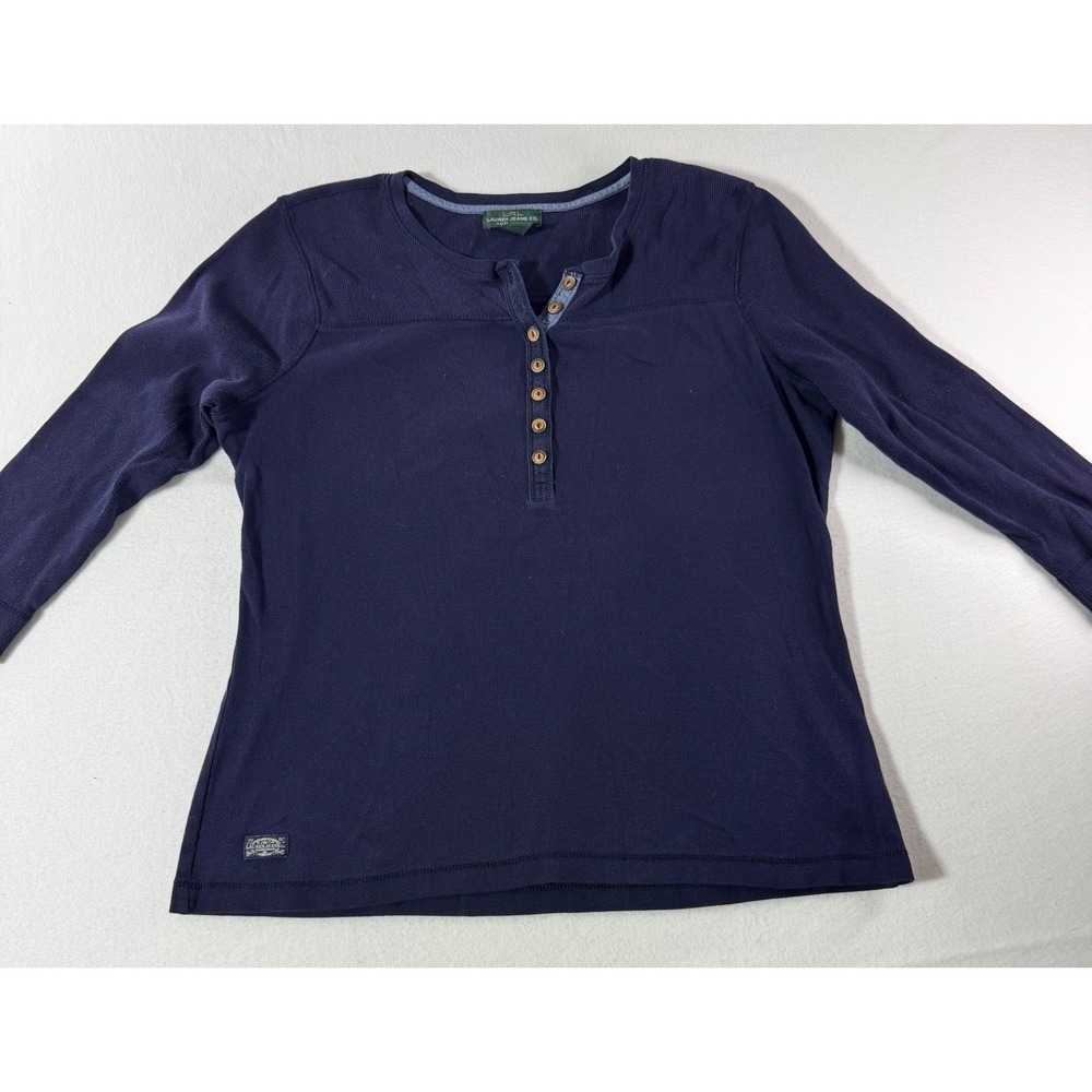 Lauren Ralph Lauren Henley Top Large Navy Blue Cotton Ribbed Long Sleeve Button